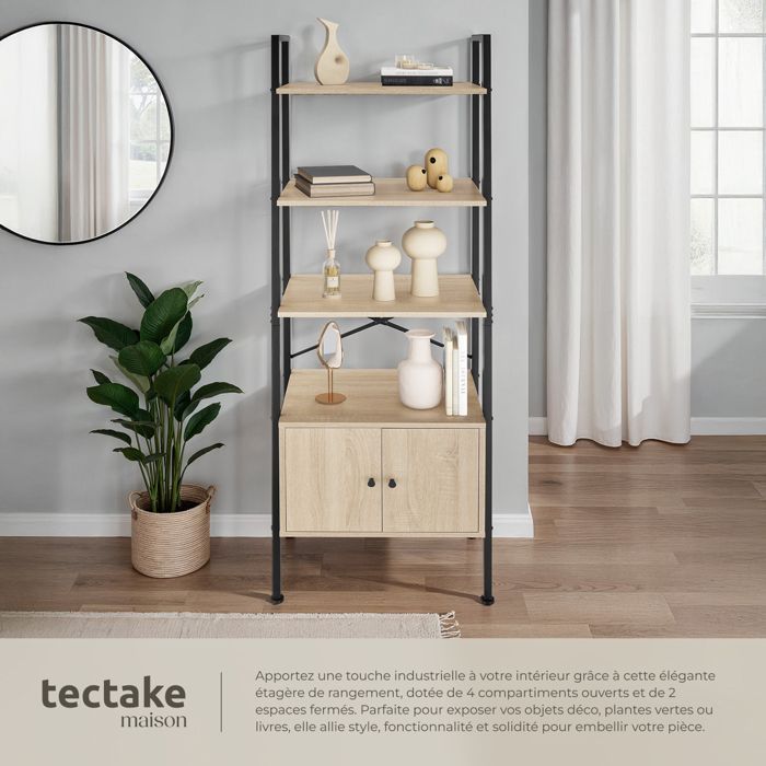Shelf - TECTAKE - BRENTWOOD shelf with minimalist and industrial design in chipboard, 57.5 x 34 x 173 cm - Light wood