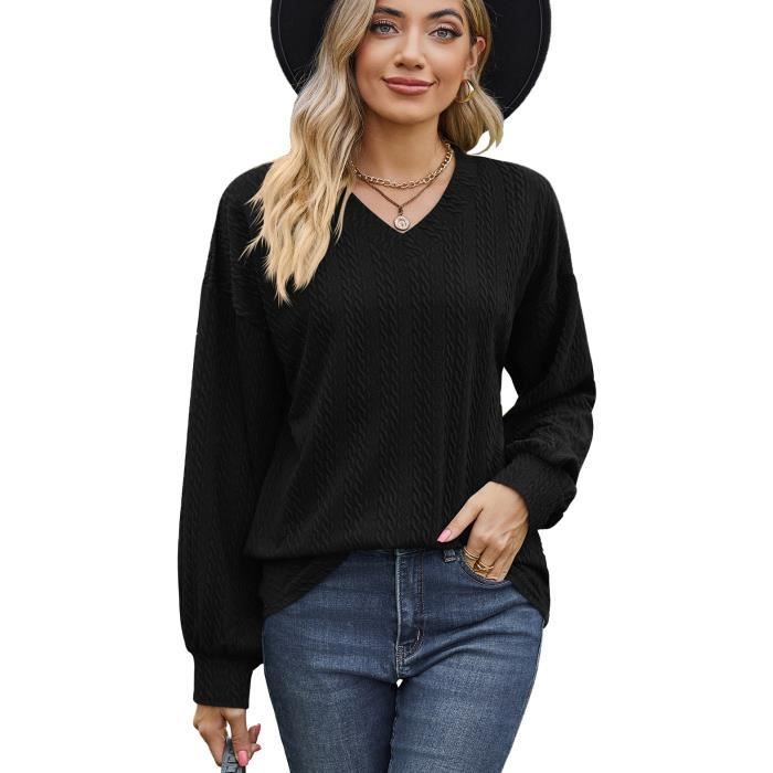 Maglione da donna a maglia con scollo a V, maniche lunghe, vestibilità ampia e casual, tinta unita, comodo