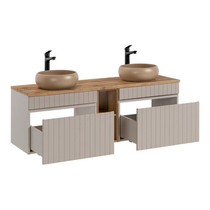 Double vanity unit with countertop basin + 1 cabinet - 140 cm - Emblematic Cashmere