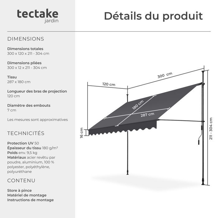 Store banne de jardin - TECTAKE - Store à pince sans perçage avec manivelle réglable en hauteur - Noir/Gris - 300 x 180 cm