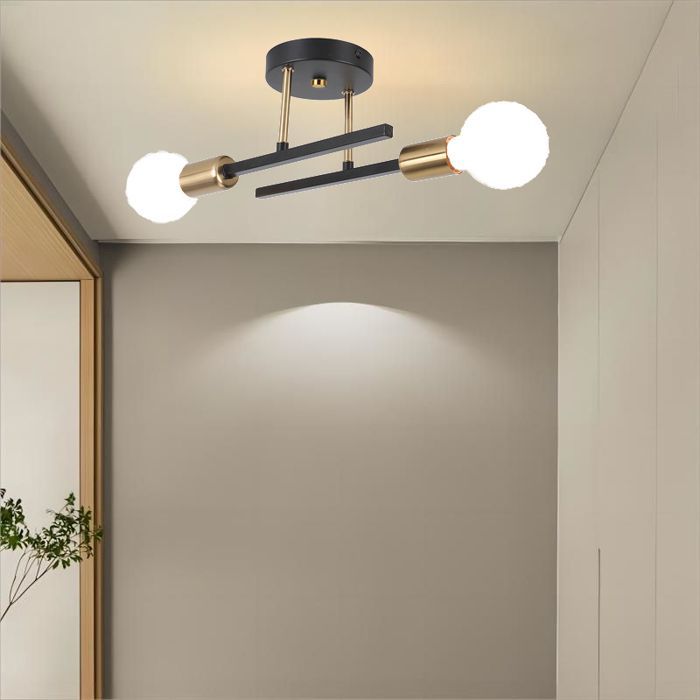 Lámpara de techo industrial retro WOTTES, 2 cabezales E27, aplique de pared escandinavo - Negro y cobre - 1 unidad para pasillo de loft