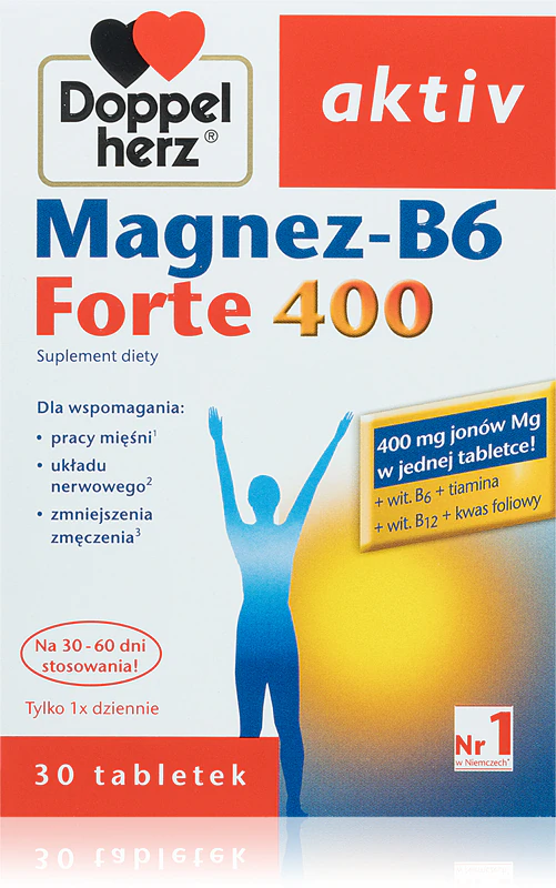 Comprimidos de suplemento alimentar Doppelherz Active Magnesium-B6 Forte 400 para reduzir a fadiga e o cansaço.