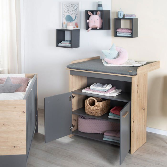 Conjunto completo de dormitorio infantil: cuna de 60 x 120 cm + cambiador + armario - ANNA - ROBA - Roble Kent / Antracita