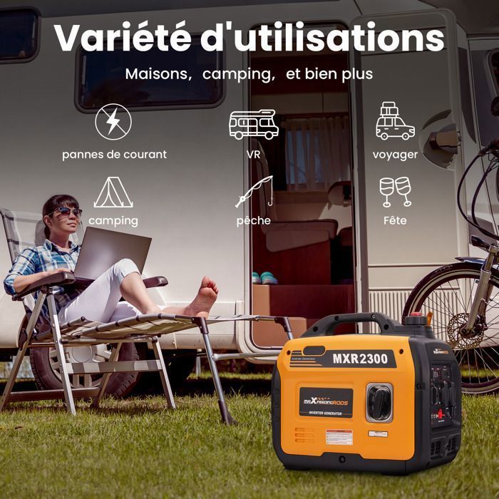 Generatore inverter a benzina da 2300W/1800W, compatto e portatile, con prese USB e 230V, manuale di istruzioni incluso in francese.
