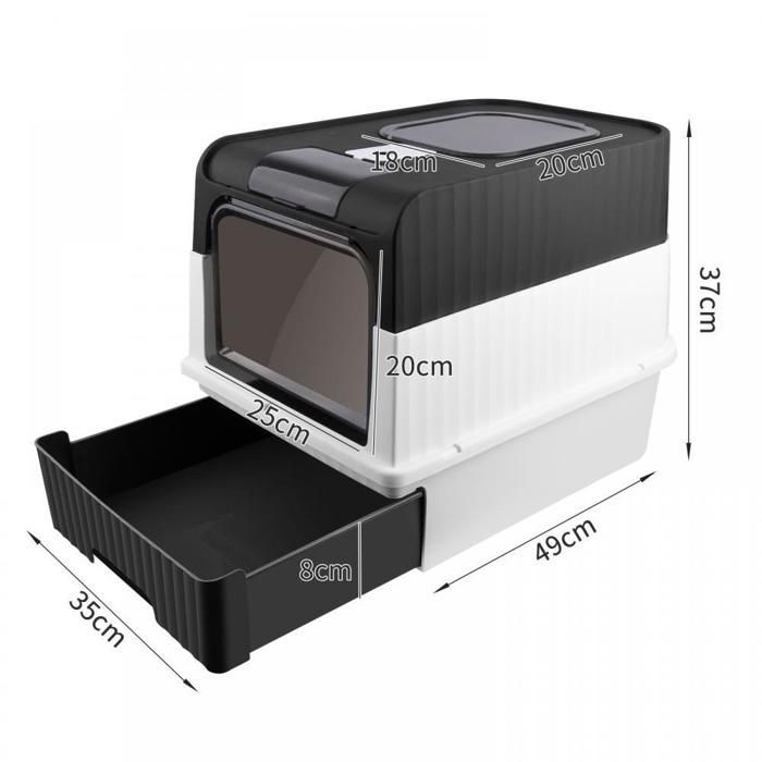 Arenero MIPAN negro - Casa de baño plegable grande para gatos - Bandeja con cajón y pala para arena - 49 x 37 x 35 cm