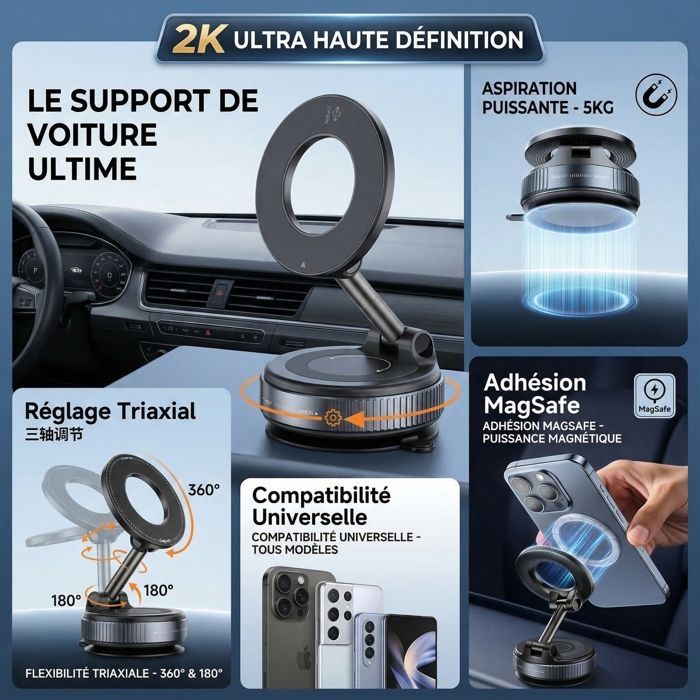 Supporto magnetico per telefono da auto K007 - Lega - Ventosa - Pieghevole - Compatibile con MagSafe - Supporto universale per auto - Nero