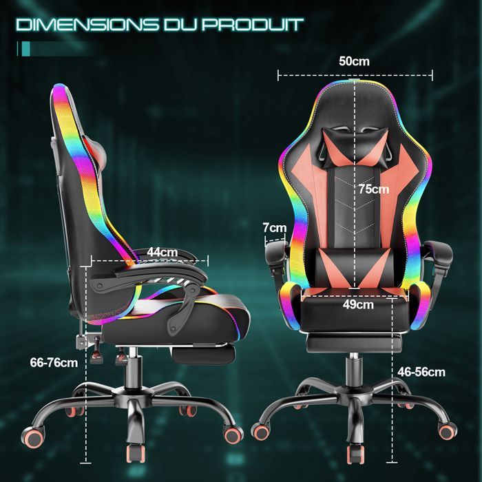Chaise Gaming Ergonomique avec LED RGB, Massage Lombaire & Repose-Pieds – Fauteuil Gamer avec Appui-tête réglable – 180 kg, Rouge