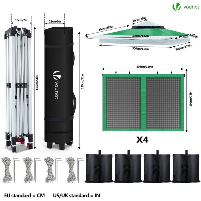 Cenador de jardín plegable VOUNOT® de 3,6 x 3,6 m con mosquitera, color verde.