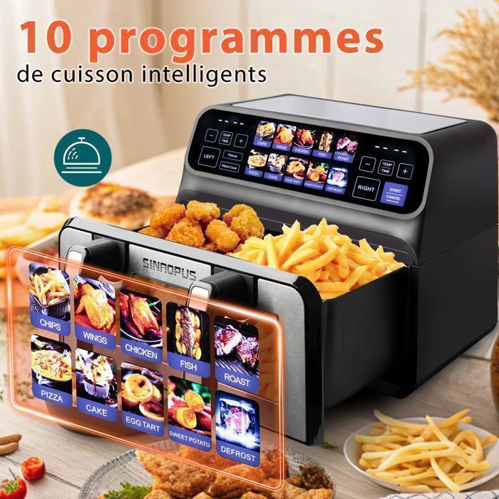 SIN-802X Air Fryer – 9L Dual Tank Air Fryer with Removable Divider – Large Color Display – 10 Programs – 2200W