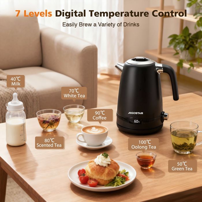 Aigostar Loki - 0% BPA stainless steel kettle. 1.7L, 2200W. 7 preset temperatures, keep warm function, LED display.