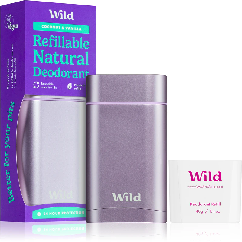 Deodorantstick met wilde kokosnoot- en vanillegeur in een paarse etui.