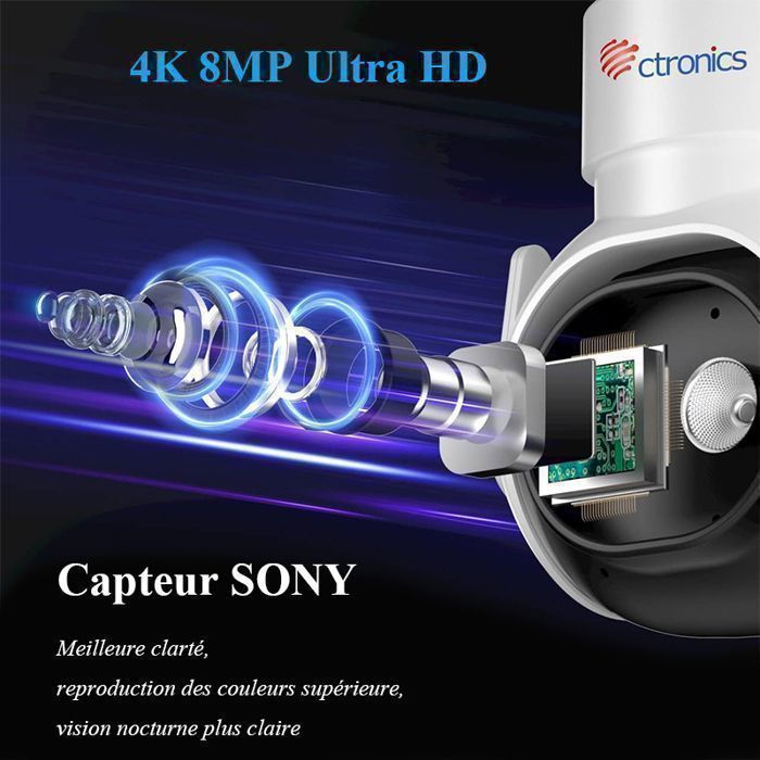 Ctronics 4K 8MP PTZ WiFi Surveillance Camera 2.4/5GHz, Human/Animal/Vehicle Detection and Auto Tracking, 30M Color Night Vision