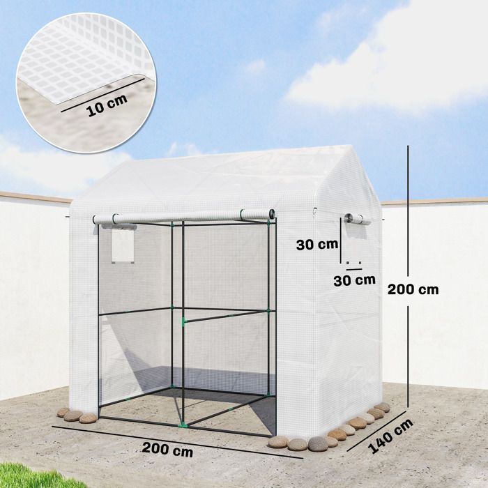 Garden greenhouse - Outsunny - PE - reinforced 135 g/m² cover - steel frame - roll-up zippered door - 200 x 140 x 200 cm - white