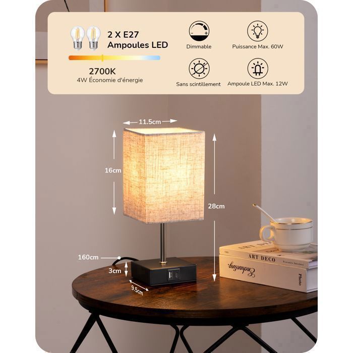 Juego de 2 lámparas de mesa táctiles EDISHINE, puertos USB-A y USB-C, bombilla LED regulable E27 incluida, pantalla beige.