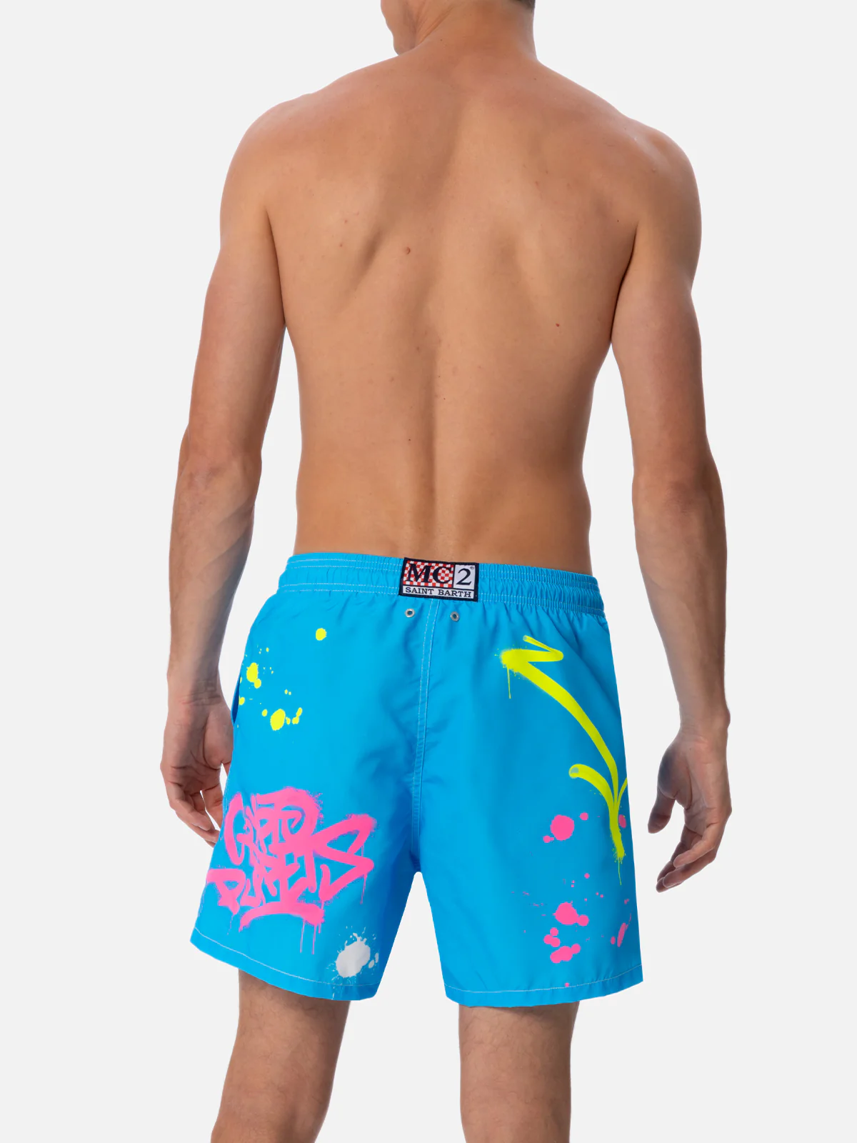 Gustavia mid-length zwembroek met Ducky Cryptopuppets Special Edition print | Stof met perzikkleurige touch, turquoise achterkant | Elastisch en verstelbaar
