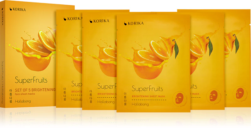 KORIKA SuperFruits Hallabong - Conjunto de 5 Máscaras Faciais Iluminadoras em Tecido: um conjunto de máscaras faciais com efeito iluminador de Hallabong a um preço reduzido.