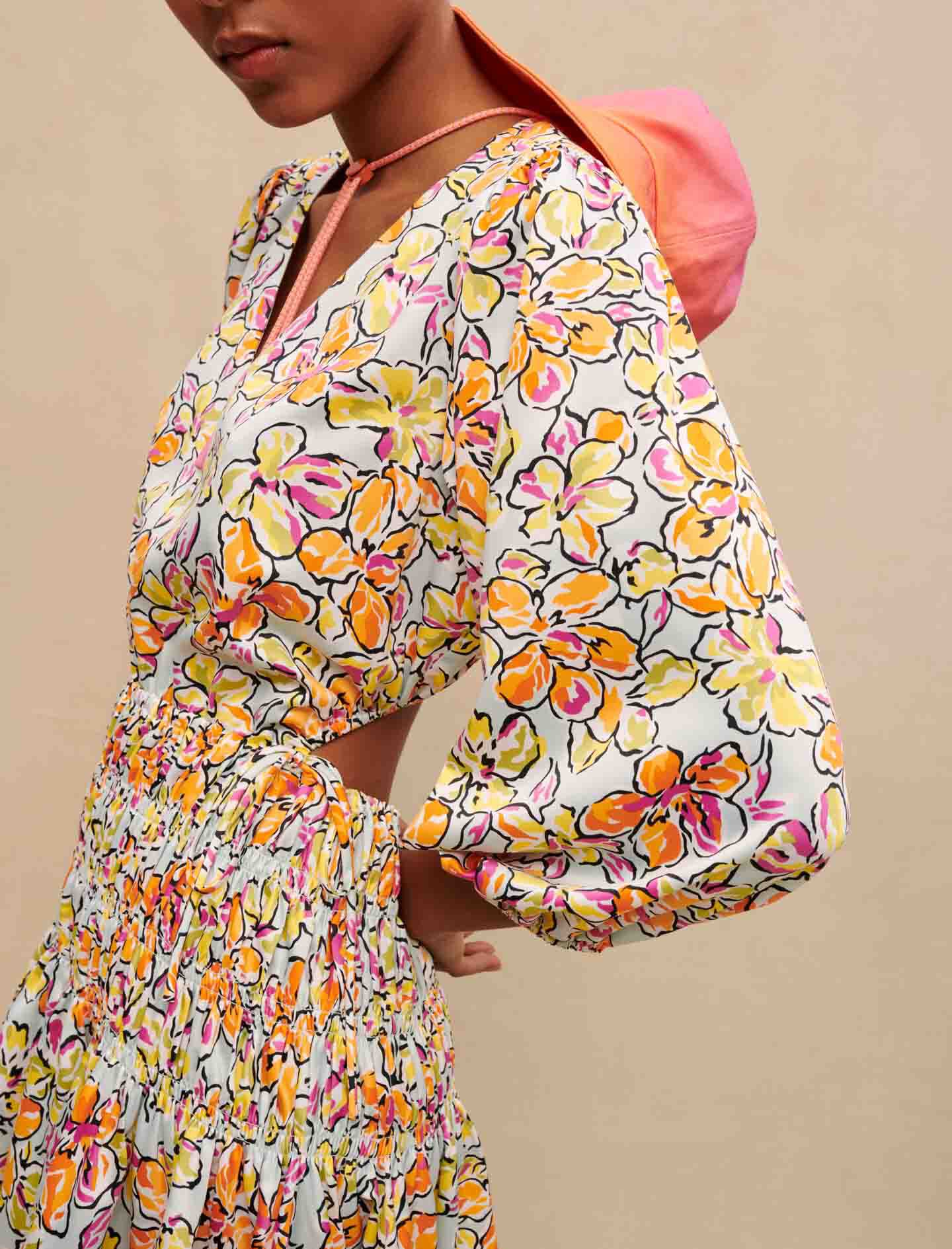 Korte jurk met bloemenprint - Hibiscus oranje/blauw