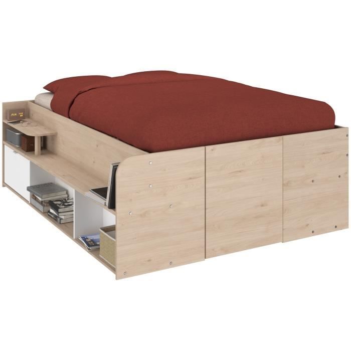 ODYSSEE Lit coffre adulte - 140x190/200 cm - Avec coffre relevable - Décor chêne et Blanc - 168,3x66,5x209,5 cm