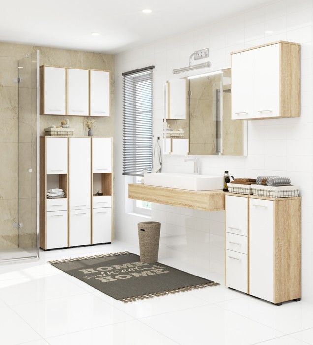 Armoire pour machine à laver 64x30x180cm - Meuble SDB- Meuble de rangement buanderie 2 portes et 4 étagères - Sonoma+Blanc