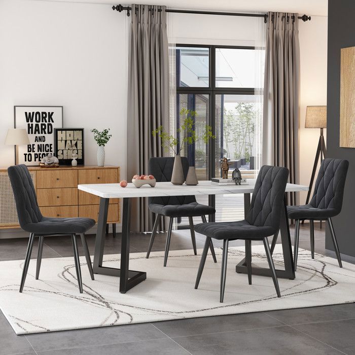 Juego de mesa de comedor de 117 × 68 cm con 4 sillas - Juego moderno de mesa y sillas para cocina/sala de estar - Sillas de terciopelo gris oscuro