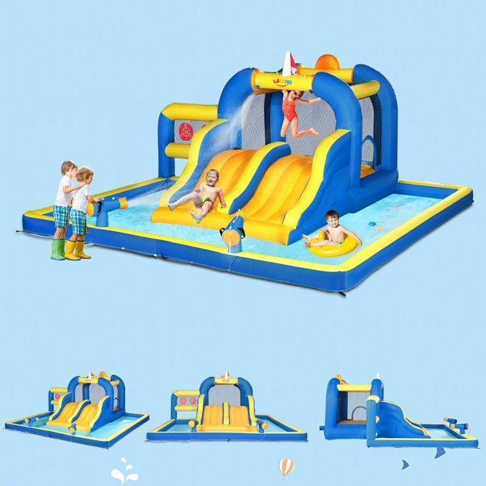 LALAHO Inflatable Castle with Blower, Inflatable Play Area with Jumping Zone and 2 Slides, 470 x 472 x 225 cm