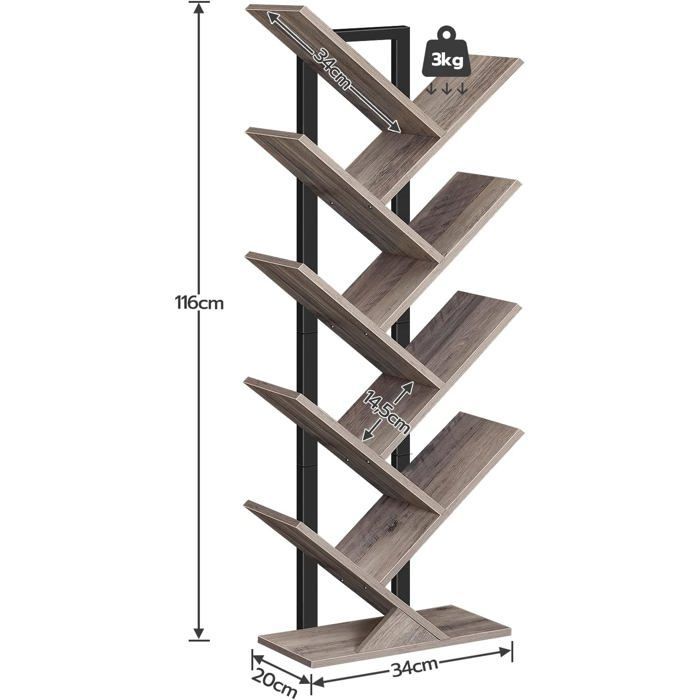 HOOBRO 9-laags boekenplank op poten, boomvormige plank, opbergmeubel voor woonkamer, kantoor, decoratief, grijsbeige