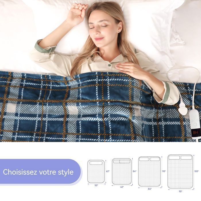 Manta elétrica aquecida de 130x185cm em flanela e veludo com 10 níveis de temperatura.