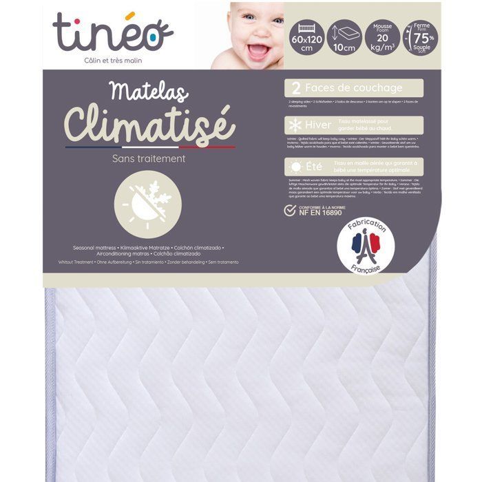 Matelas Climatisé TINEO 60x120x10cm - Matelas Bébé - Climatisé - 1 Face Été - 1 Face Hiver - Sans Traitement - Fabriqué En France