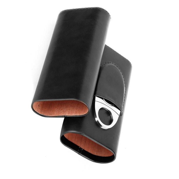 Caja de puros SURENHAP, estuche portátil de cuero para puros, humidor forrado en madera de cedro con cortador (para cortador) Negro