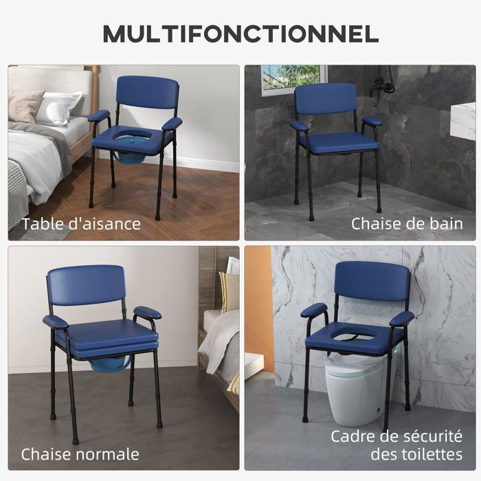 Silla inodoro - HOMCOM - Inodoro multifuncional antideslizante 5 en 1 con cubo extraíble - acero - azul