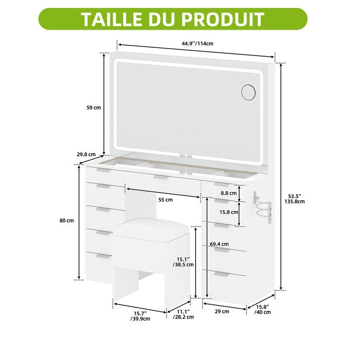 BALCONERA Coiffeuse avec Miroirs- avec éclairage LED-11 Tiroirs-3 Couleur réglable-Blanc-114L×40P×139 H