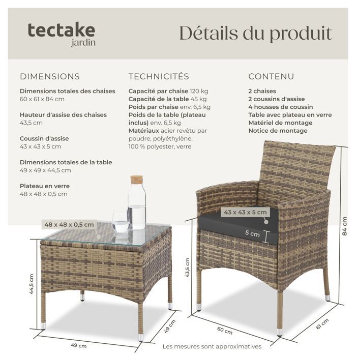 Muebles de jardín - TECTAKE - Conjunto de salón de exterior LUCERNE para 2 personas con mesa y 2 fundas - Marrón natural