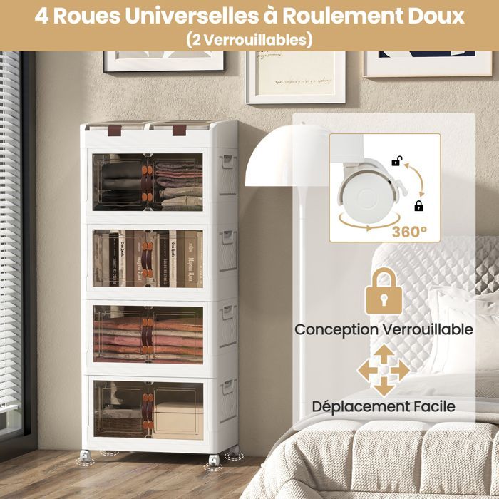 Caixa de armazenamento de plástico GIANTEX 210L com rodas - 4 caixas dobráveis e empilháveis com portas - 2 compartimentos com tampas