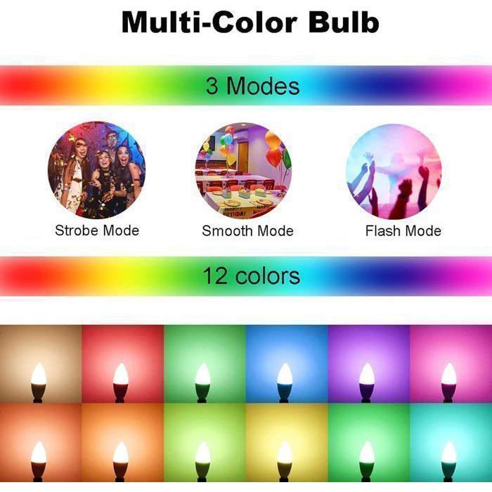 Bombilla LED E14 de 5W RGBW con control remoto inalámbrico, regulable y con cambio de color, 6 unidades RGB y blanco frío 5700K.