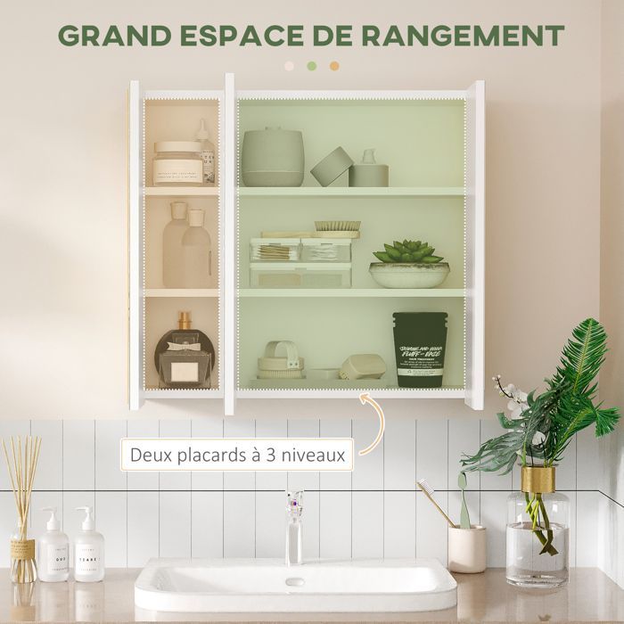 Armoire miroir - kleankin - salle de bain armoire de toilette 3 portes 4 étagères - bois - 68x22x60cm - blanc