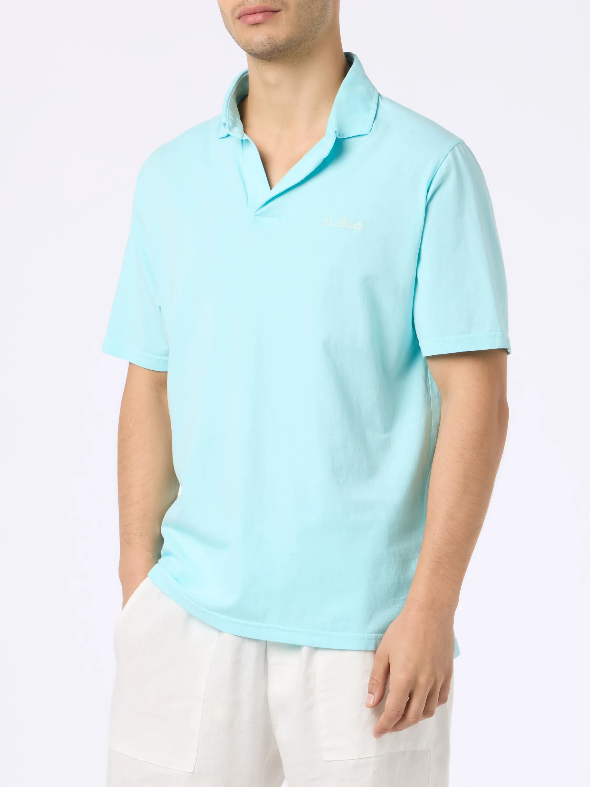 Brighton herenpoloshirt van aquagroene katoenen jersey.