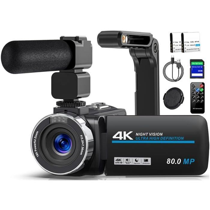 Videocámara 4K - ZGEER - 80 MP - Zoom digital 18x - Visión nocturna infrarroja - Pantalla IPS de 3 pulgadas - Cámara web
