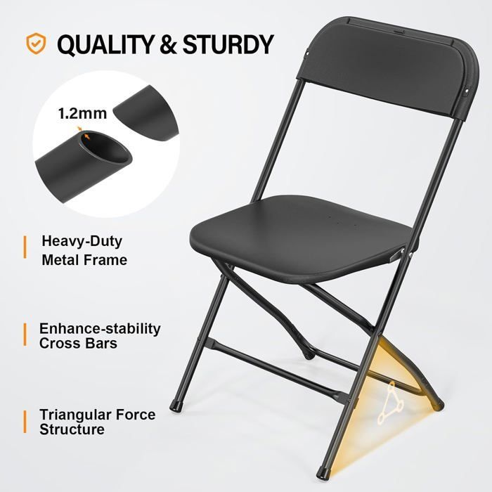 Chaises de réception pliantes – 6 chaises d'appoint en plastique et métal, noir