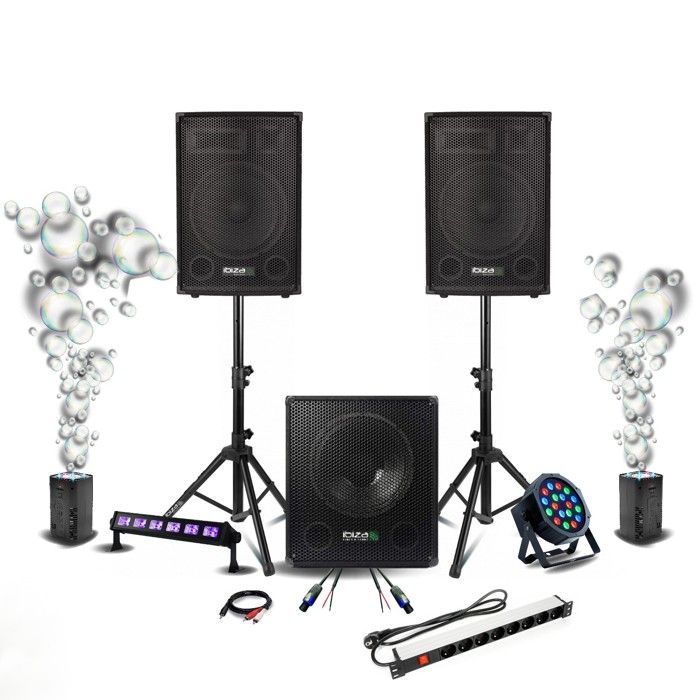 Pacchetto audio DJ Ibiza 2200W - Subwoofer SUB15A da 800W - 2 altoparlanti DISCO15B da 700W - 2 macchine per bolle di sapone - 2 effetti luce