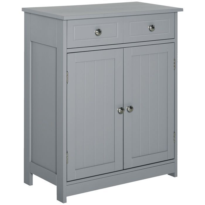 Meuble de salle de bain - meuble de rangement - kleankin - 2 tiroirs placard double porte réglable - bois - 60x30x75cm - gris