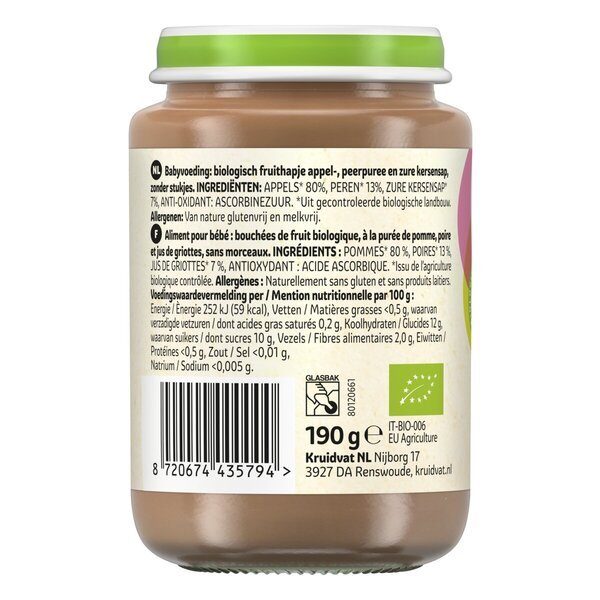 „Kruidvat“ 6+ mėnesių ekologiškas obuolių, kriaušių ir vyšnių vaisių užkandis<br>190 g