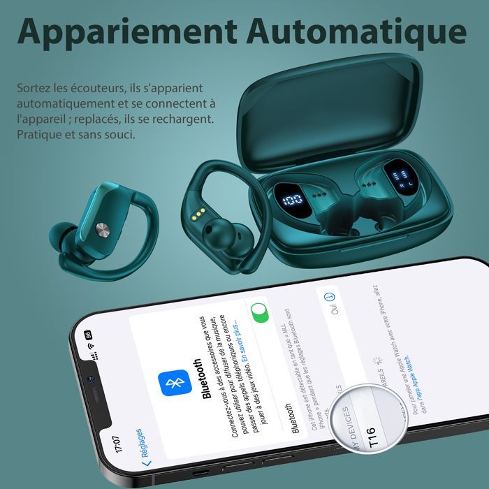 Écouteur Sans Fil Sportif VEATOOL Écouteur Bluetooth 5.1 Étanche IPX5 Son Stéréo Autonomie 48h Micro Intégré Vert