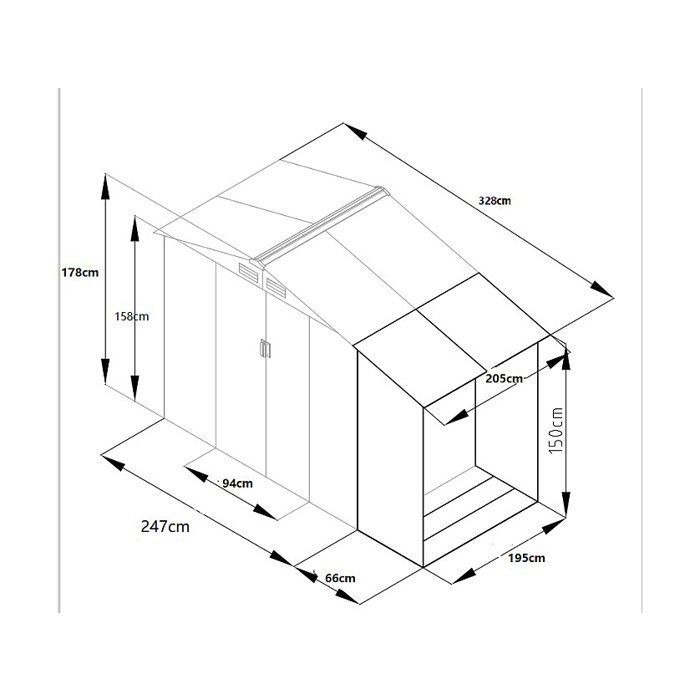 Caseta de jardín metálica con espacio para almacenar leña, de acero galvanizado gris, 6,7 m² - LERY