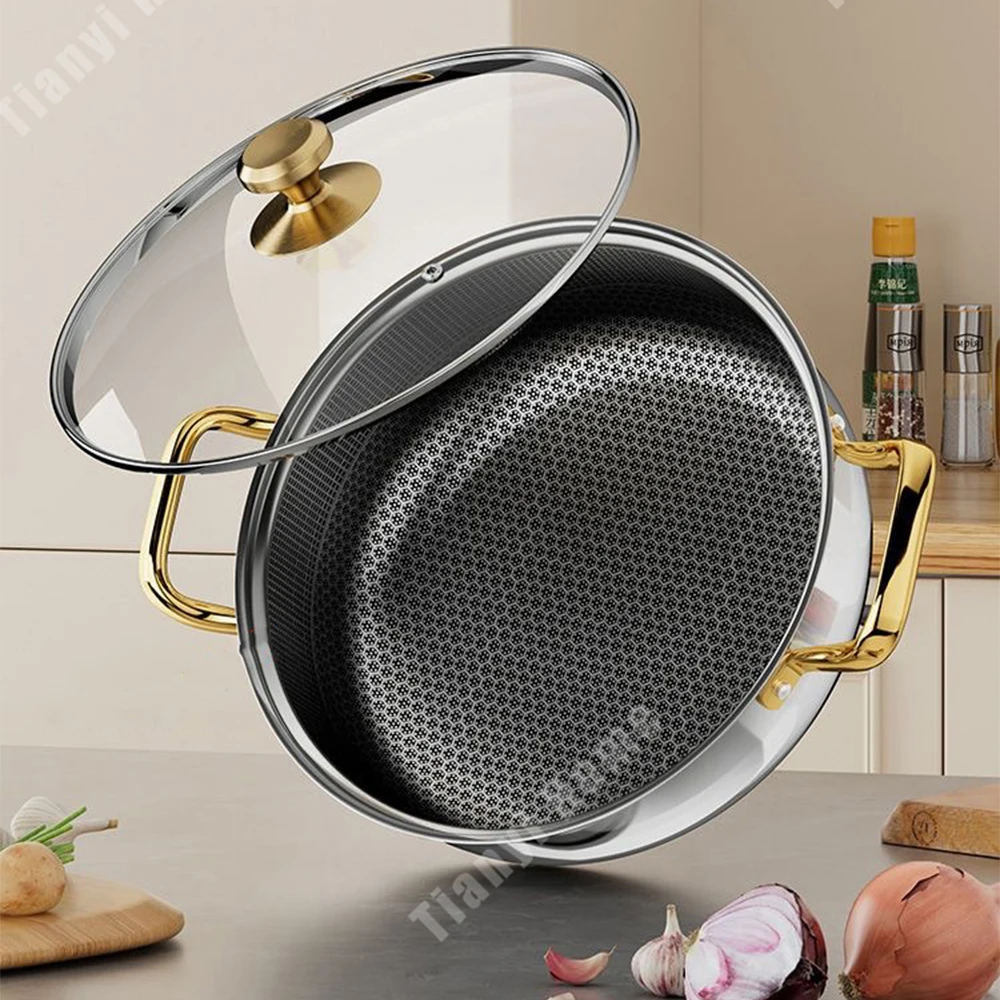 Wok en acier inoxydable de 30 cm, revêtement antiadhésif alvéolé, avec couvercle, compatible avec les plaques à induction, les cuisinières à gaz et les poêles universelles.