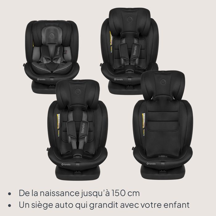 Silla de coche LIONELO Bastiaan i-Size 360° - Base giratoria - ISOFIX - 40-150 cm - 0 a 12 años - Reclinable - Grupo 0/1/2/3 - Gris