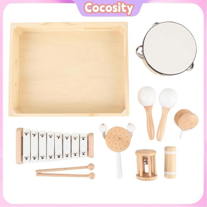 Juego de instrumentos musicales infantiles Cocosity: xilófono, pandereta y juegos de rompecabezas.