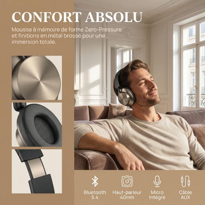 Wireless Headphones - FINGERTIME - Bluetooth 5.4 - 60H Battery Life - HiFi Stereo Sound - 40mm Deep Bass - Retro Design - Black