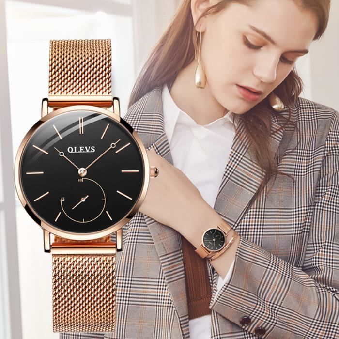 Orologi da donna di design - Ultrasottili - Quadrante con secondi separati - Acciaio - Nero/Oro rosa