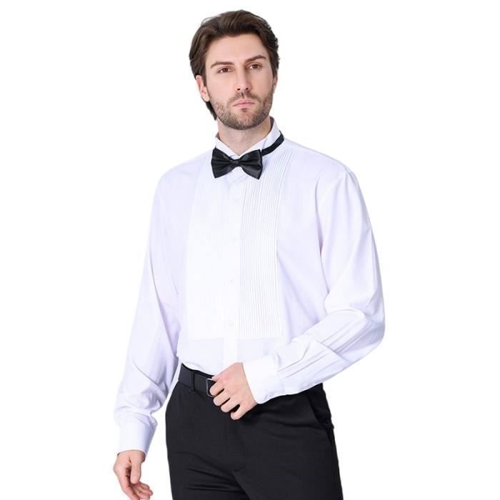 Camisa de boda para hombre con pajarita, manga larga, camisa de vestir plisada, corte regular, color liso - Blanco
