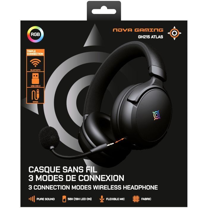 Wireless gaming headset - NOVA GAMING - Atlas - Detachable microphone - RGB LED - Black